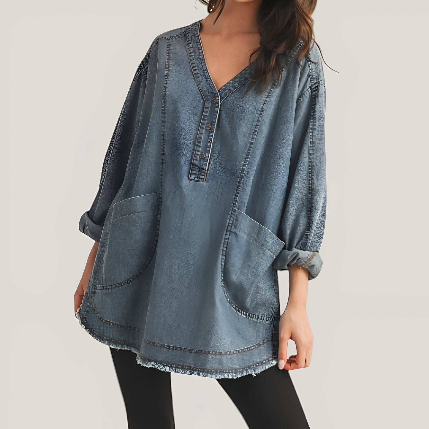 Woven Denim Blouse with V-Neck Placket and Patch Pockets