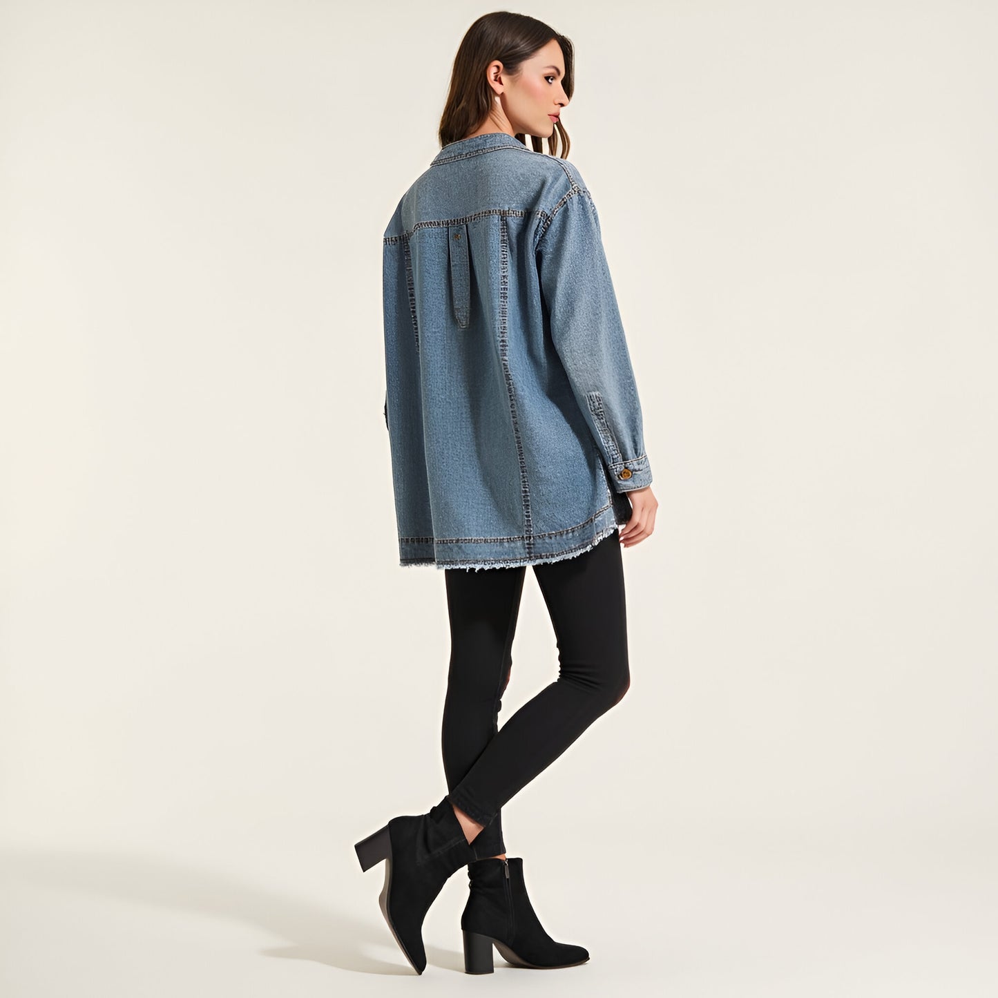 Woven Denim Blouse with V-Neck Placket and Patch Pockets