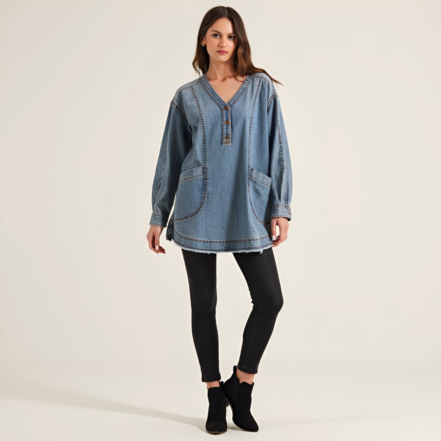 Woven Denim Blouse with V-Neck Placket and Patch Pockets