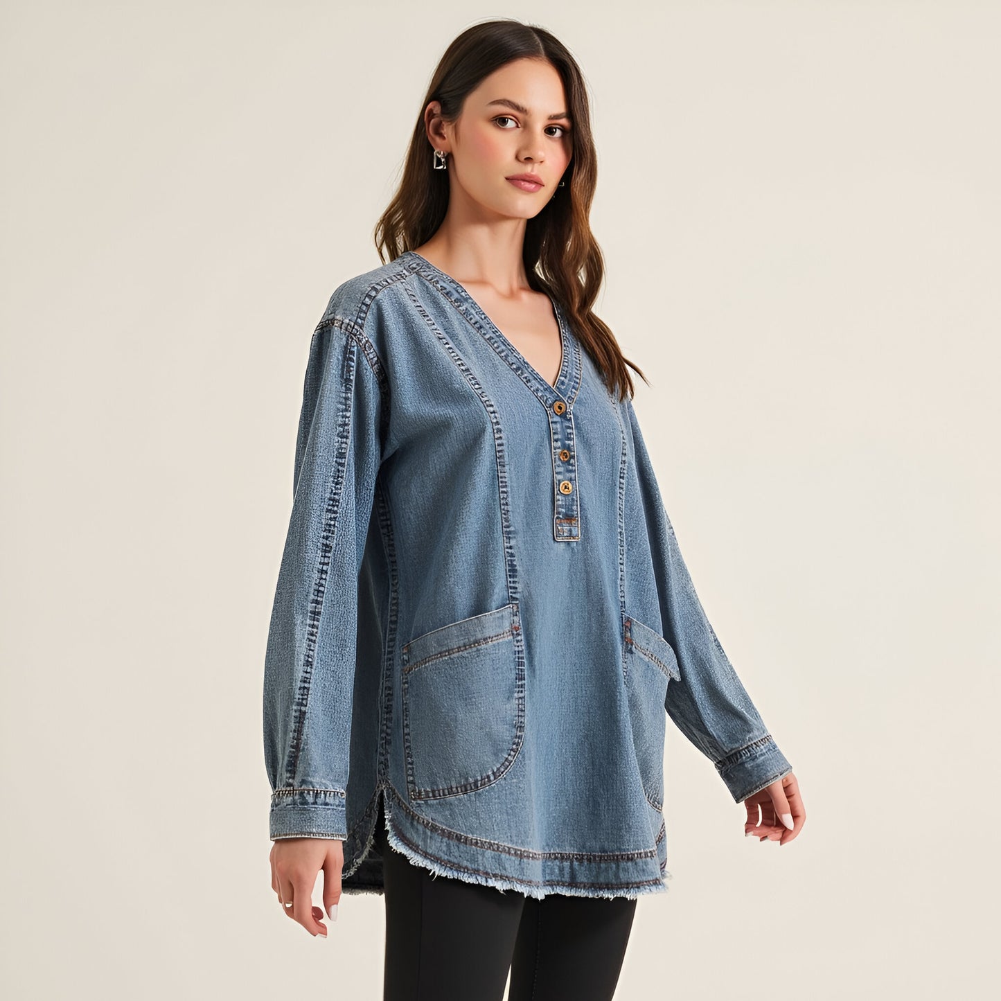 Woven Denim Blouse with V-Neck Placket and Patch Pockets