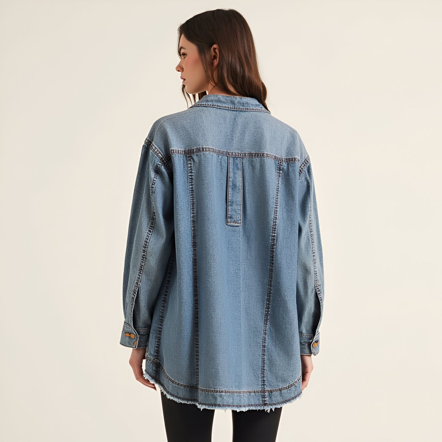 Woven Denim Blouse with V-Neck Placket and Patch Pockets