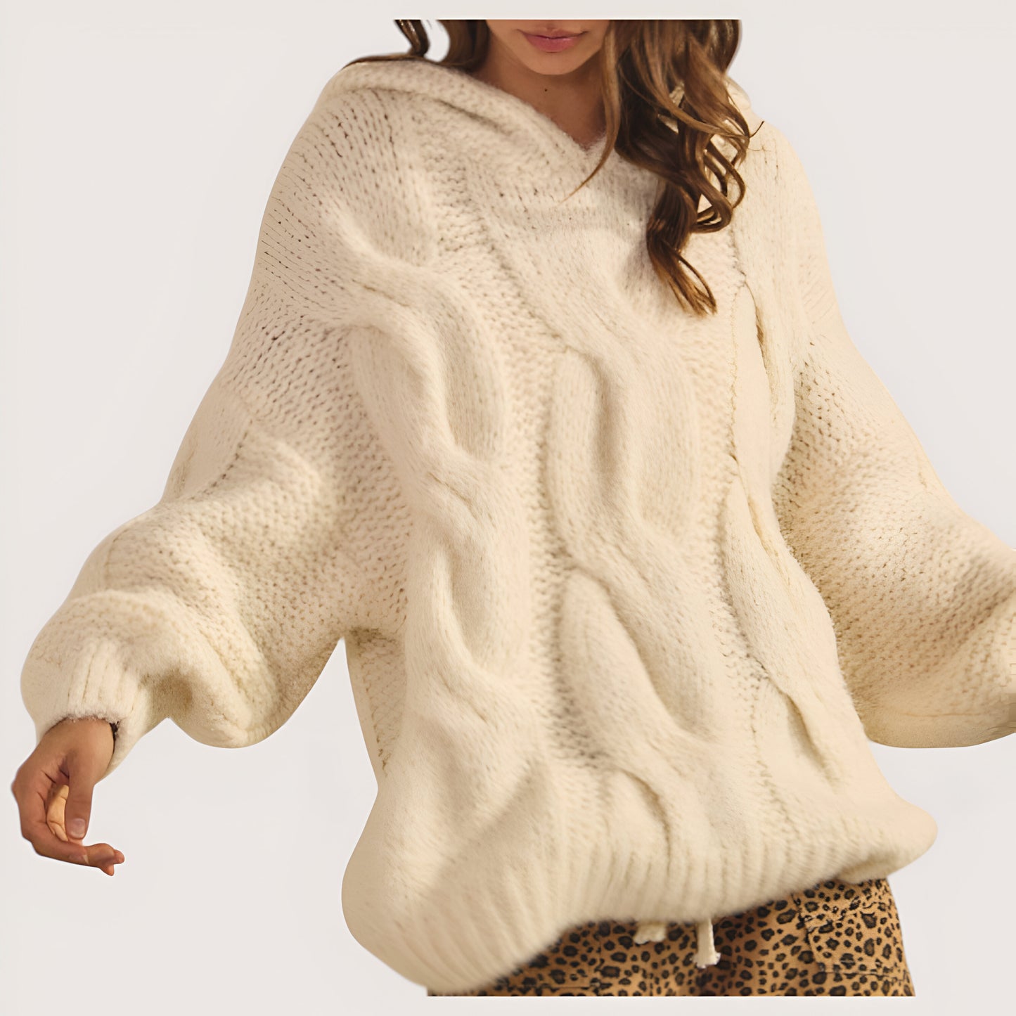 Cable Knit Hoodie Sweater with Drop Shoulders and Pockets