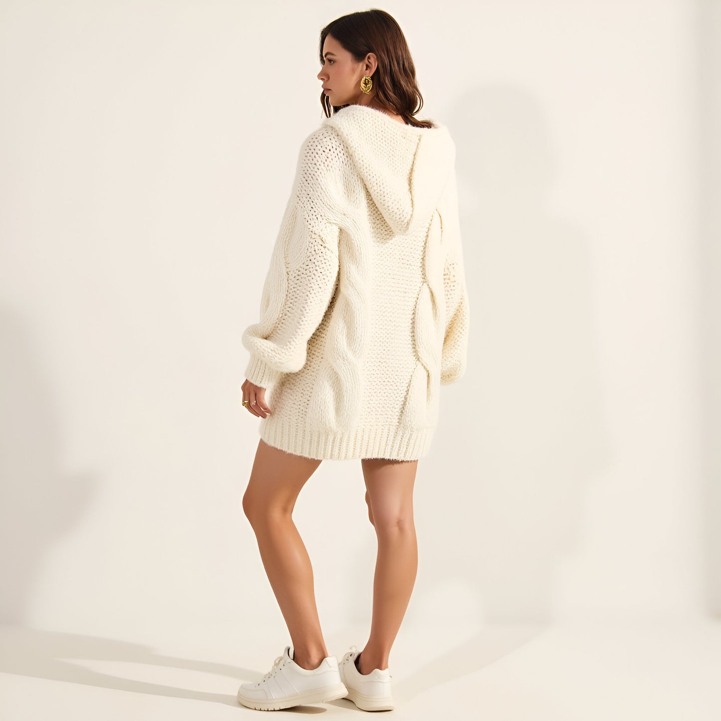 Cable Knit Hoodie Sweater with Drop Shoulders and Pockets