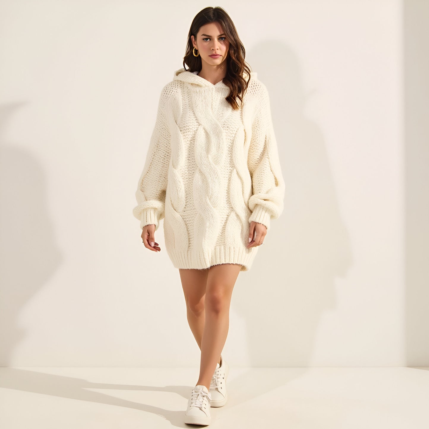 Cable Knit Hoodie Sweater with Drop Shoulders and Pockets