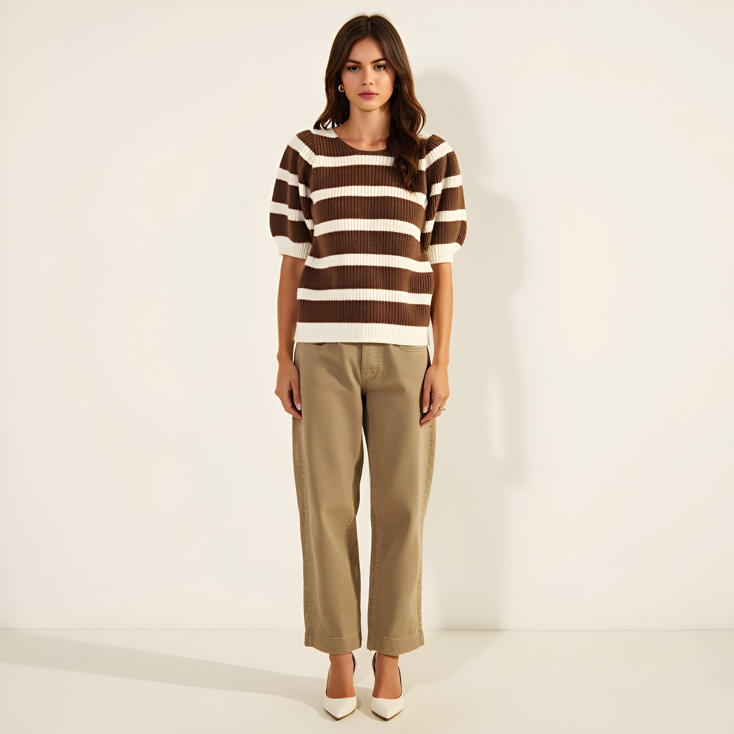 Striped Short Sleeve Sweater with Puff Shoulders and Square Neckline