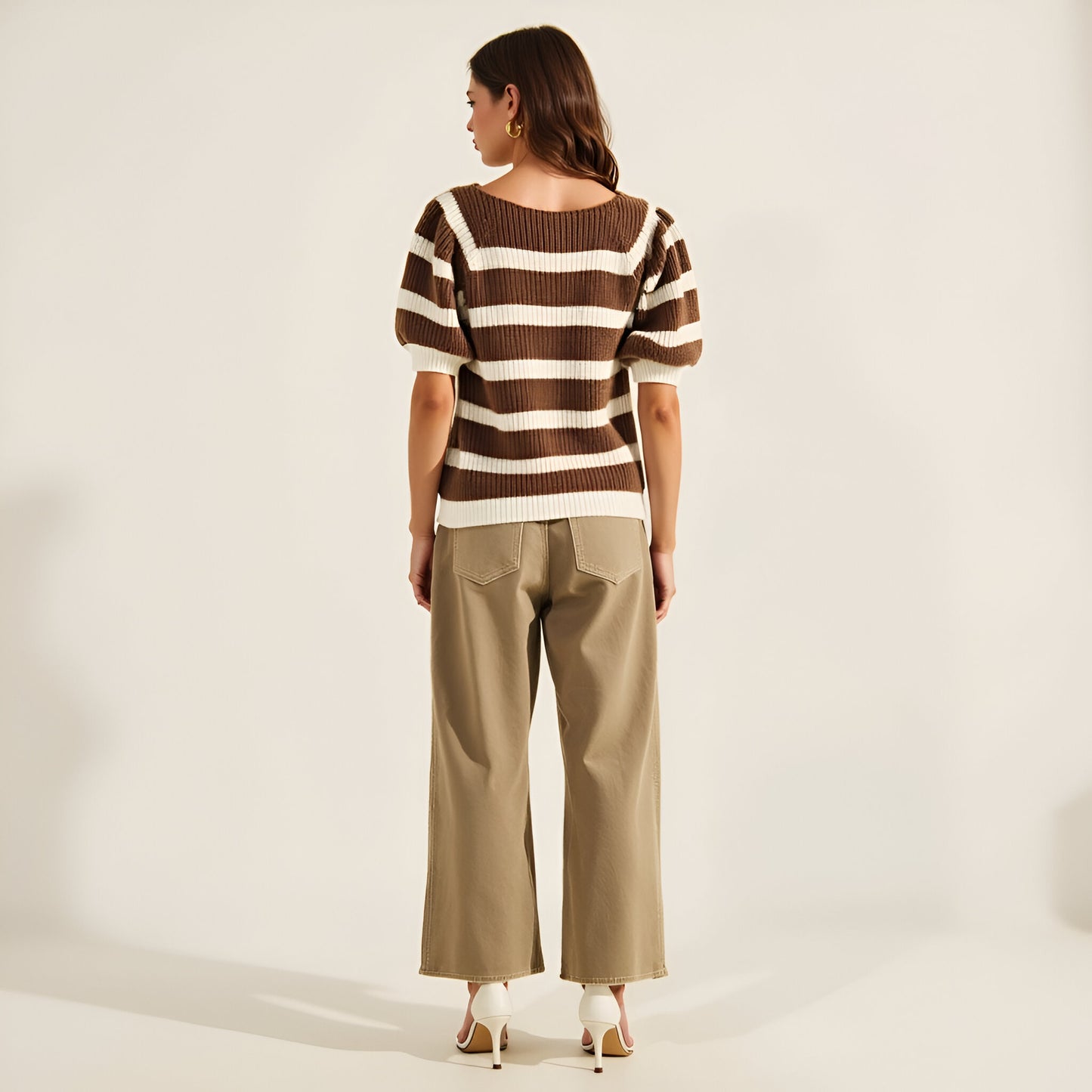 Striped Short Sleeve Sweater with Puff Shoulders and Square Neckline