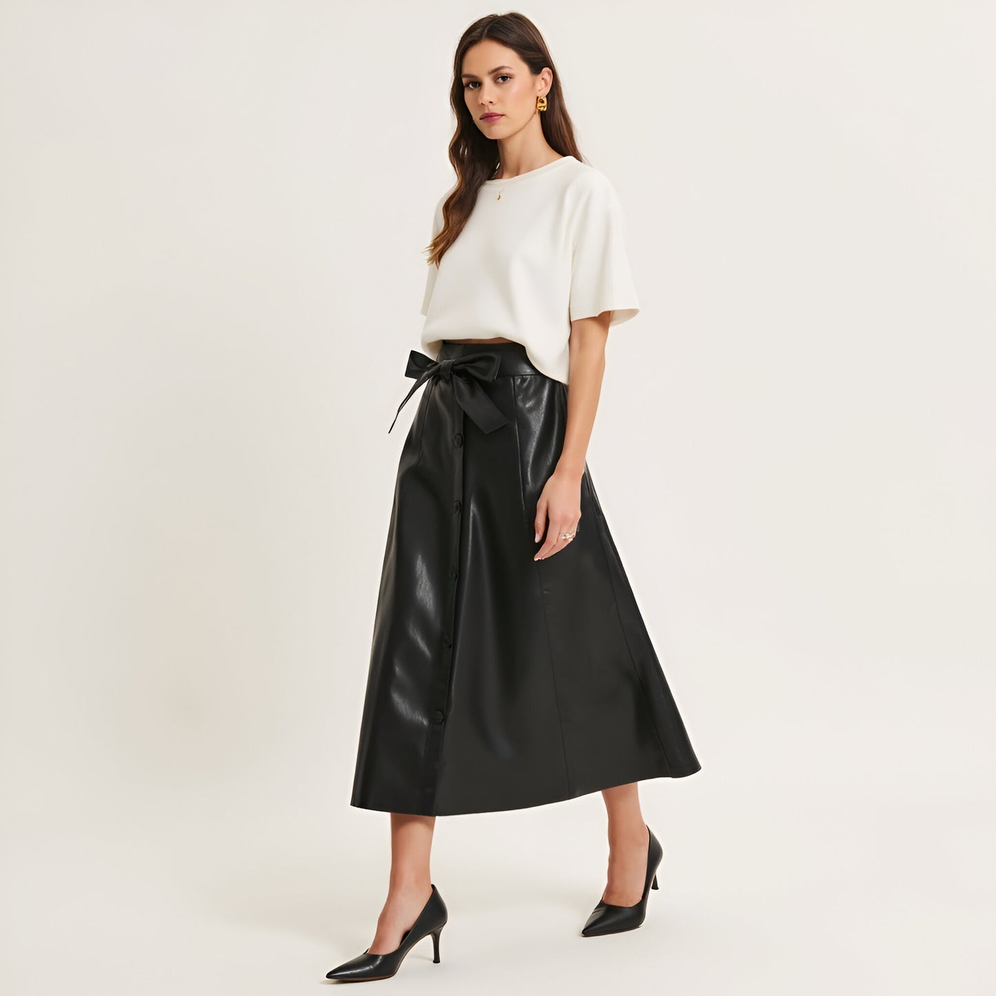 Faux Leather A-Line Midi Skirt with Button Front and Waist Tie Belt