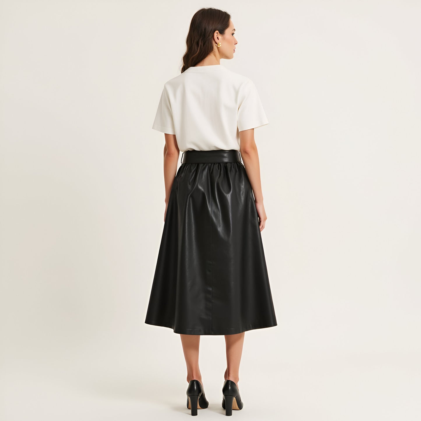 Faux Leather A-Line Midi Skirt with Button Front and Waist Tie Belt