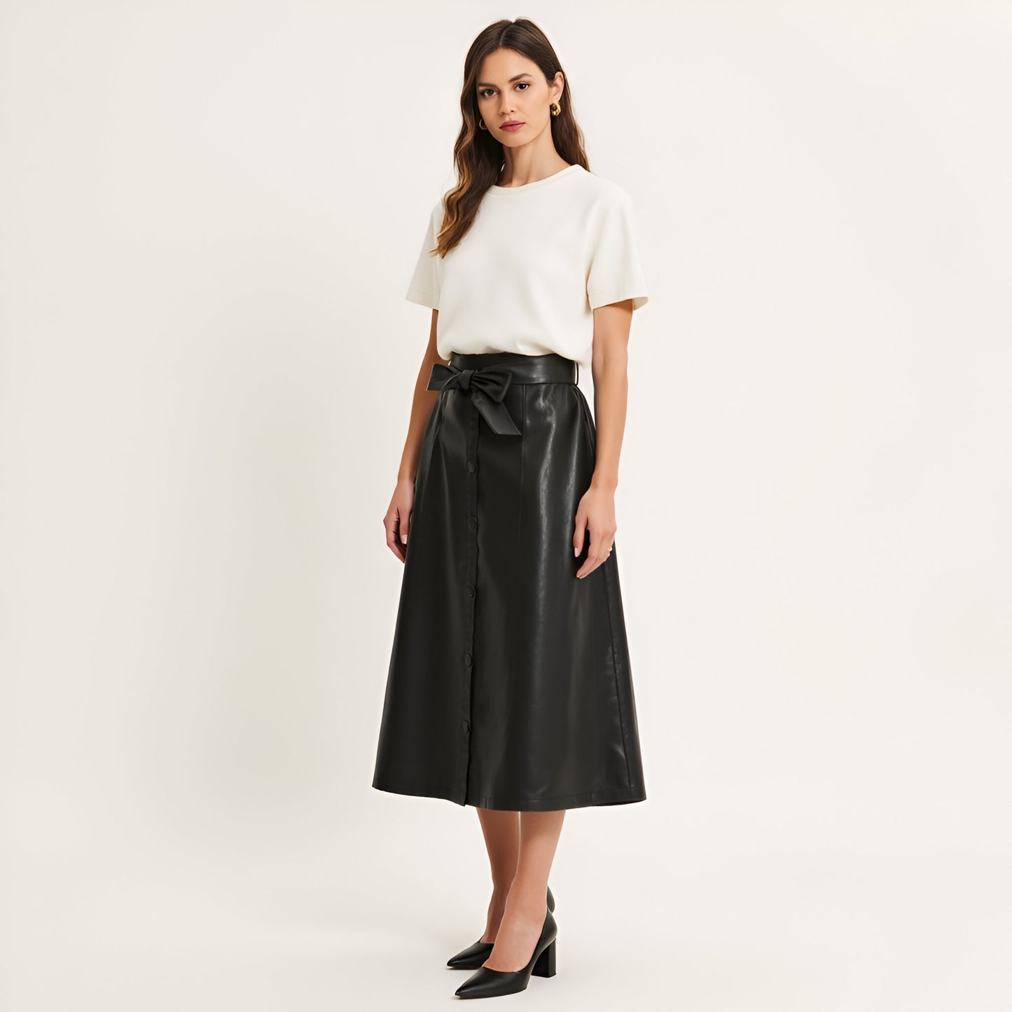 Faux Leather A-Line Midi Skirt with Button Front and Waist Tie Belt