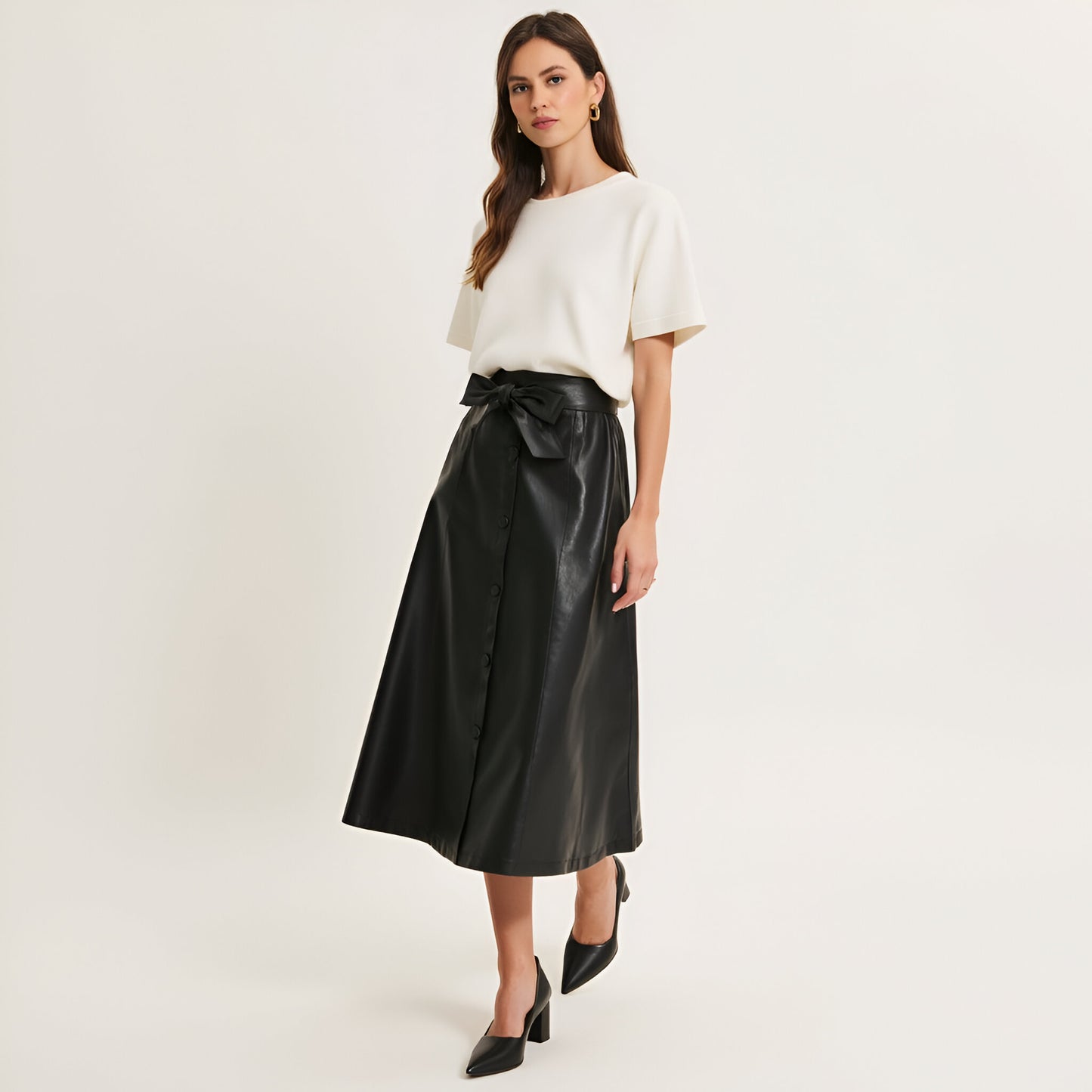 Faux Leather A-Line Midi Skirt with Button Front and Waist Tie Belt