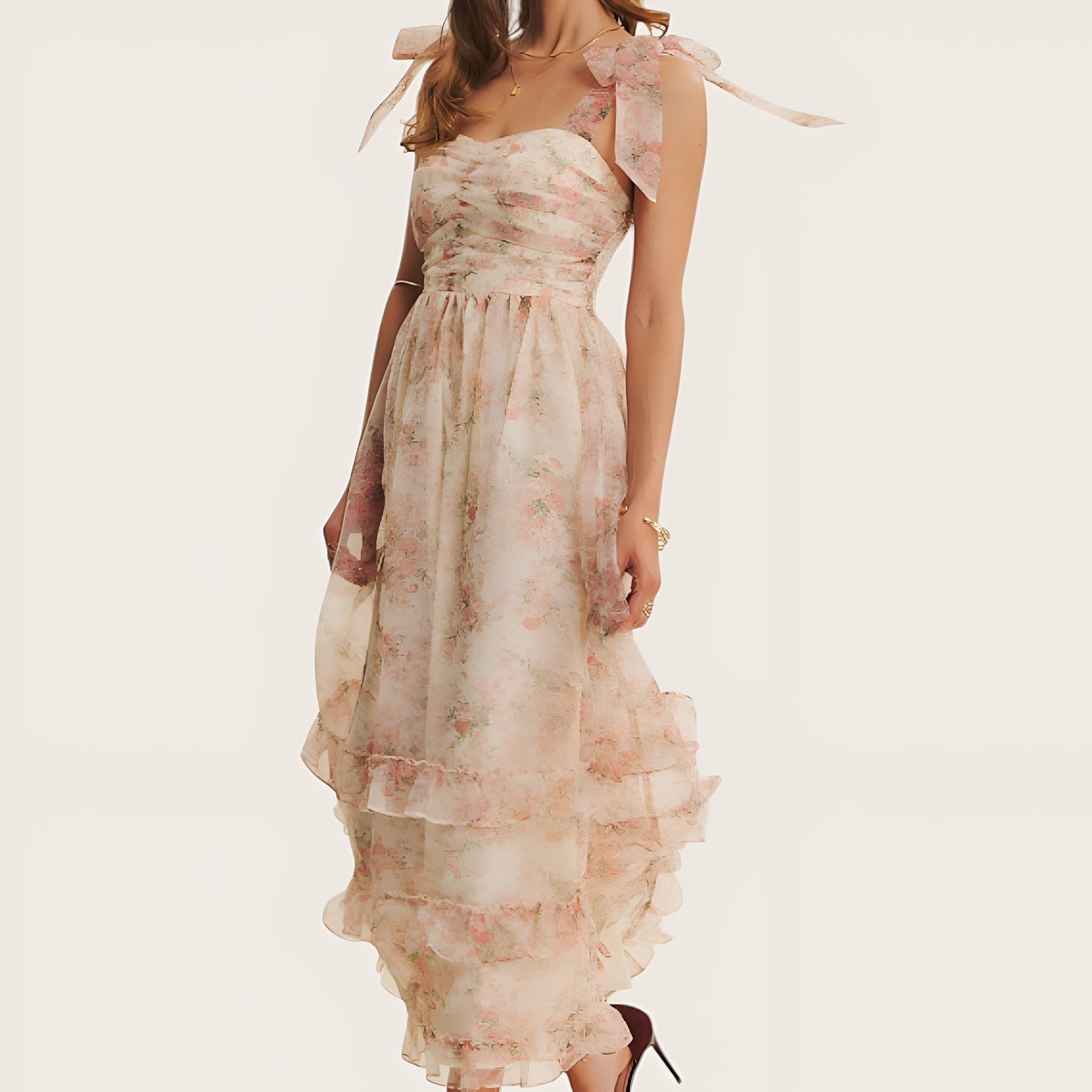 Floral Tiered Midi Dress with Ruched Bodice and Tie Shoulder Straps