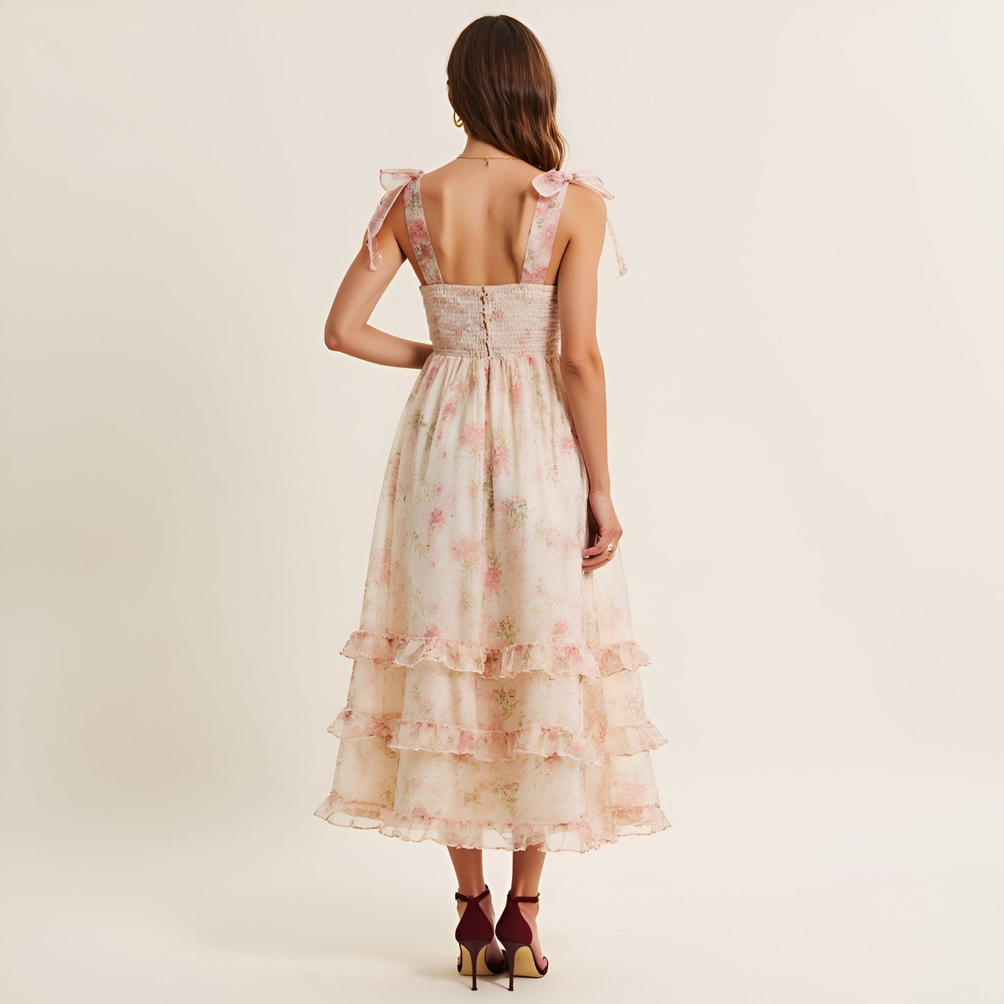 Floral Tiered Midi Dress with Ruched Bodice and Tie Shoulder Straps