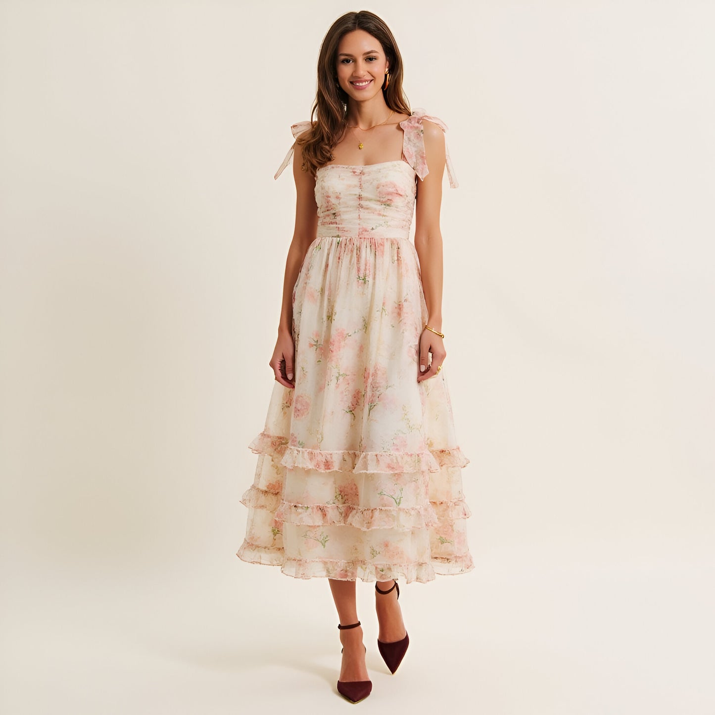 Floral Tiered Midi Dress with Ruched Bodice and Tie Shoulder Straps