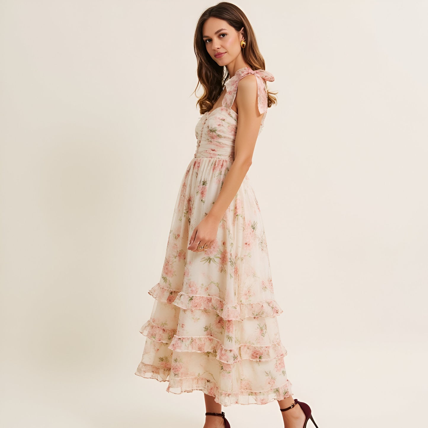 Floral Tiered Midi Dress with Ruched Bodice and Tie Shoulder Straps
