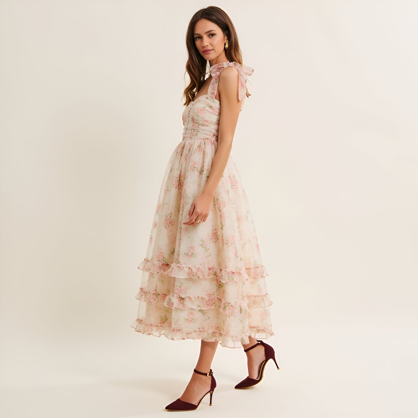 Floral Tiered Midi Dress with Ruched Bodice and Tie Shoulder Straps