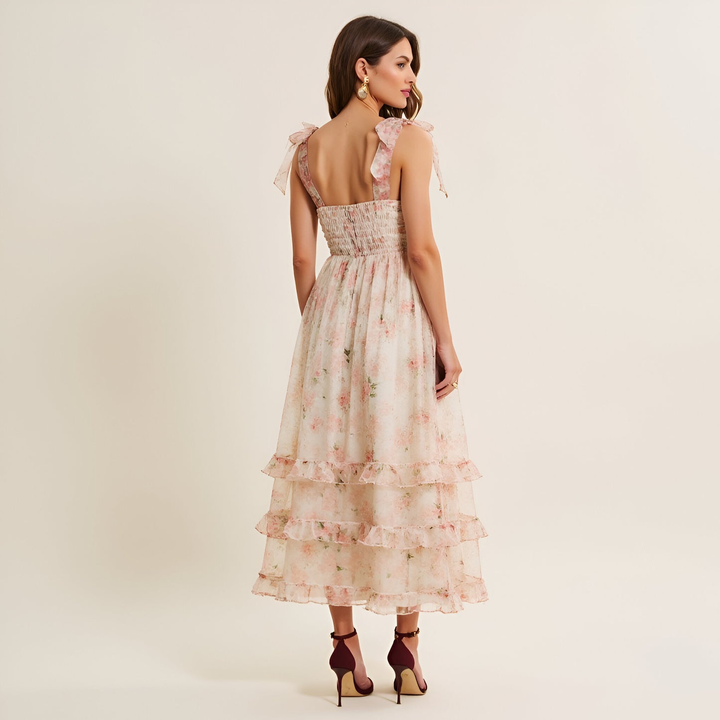 Floral Tiered Midi Dress with Ruched Bodice and Tie Shoulder Straps