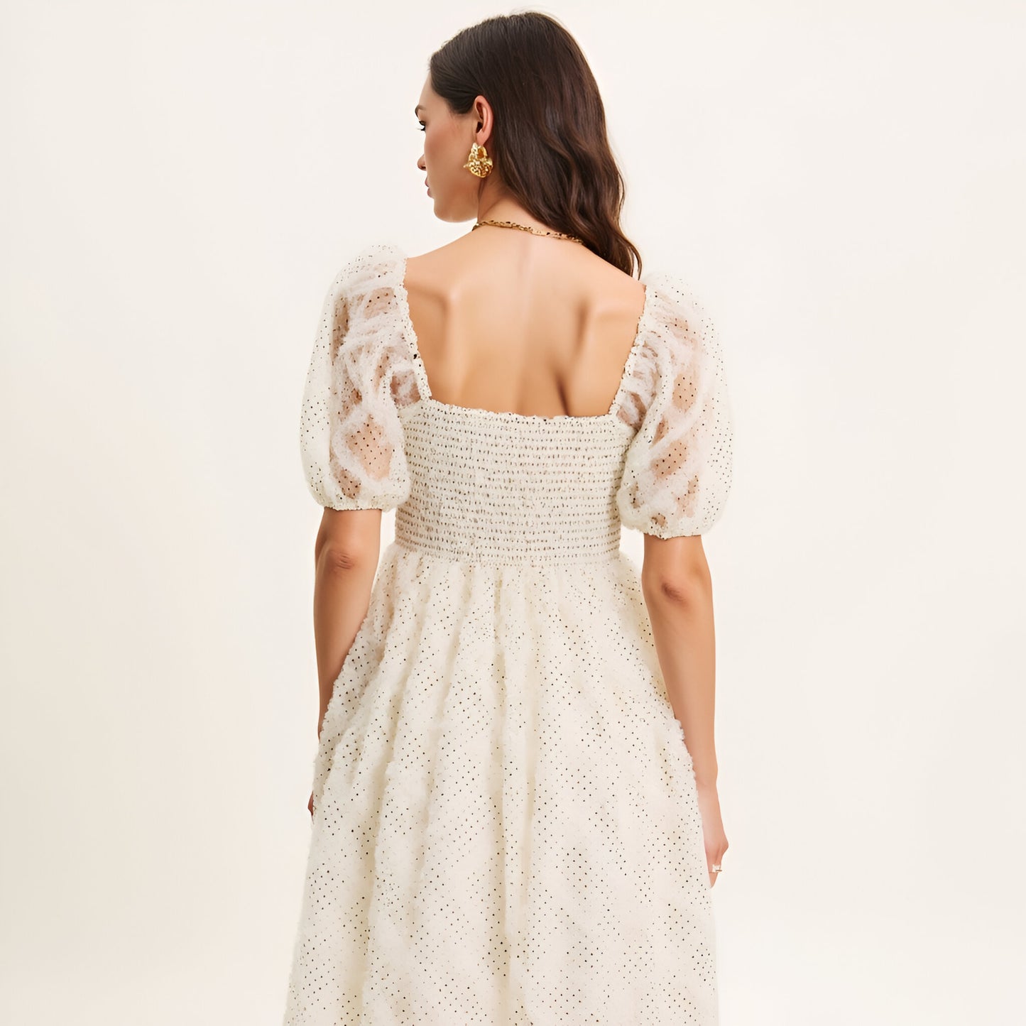 Embroidered Puff Sleeve Midi Dress with Square Neckline