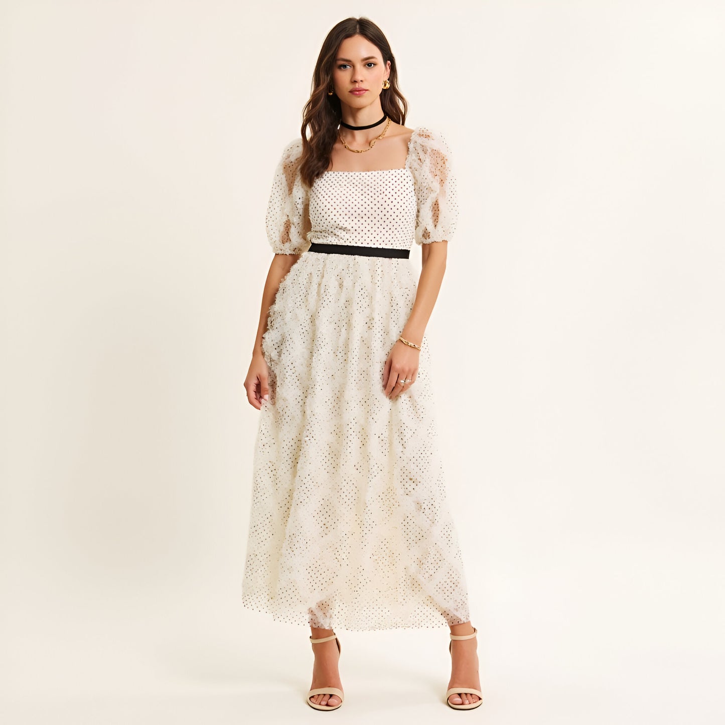 Embroidered Puff Sleeve Midi Dress with Square Neckline