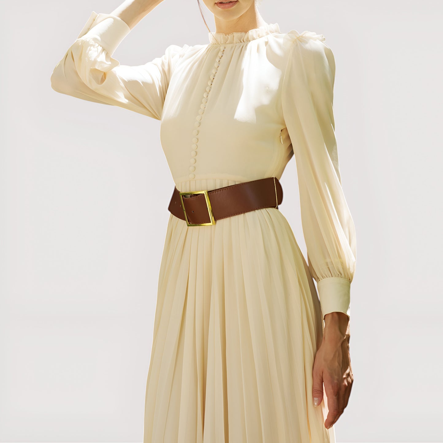 Pleated Long Sleeve Maxi Dress with Ruffle Neck and Button Front Detail