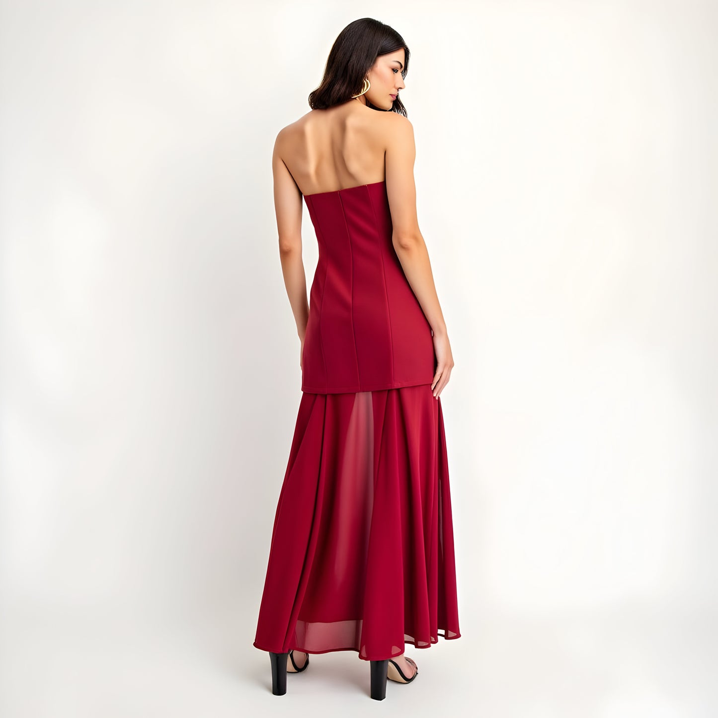 Strapless Evening Gown with Sheer Panel Skirt and Fitted Bodice