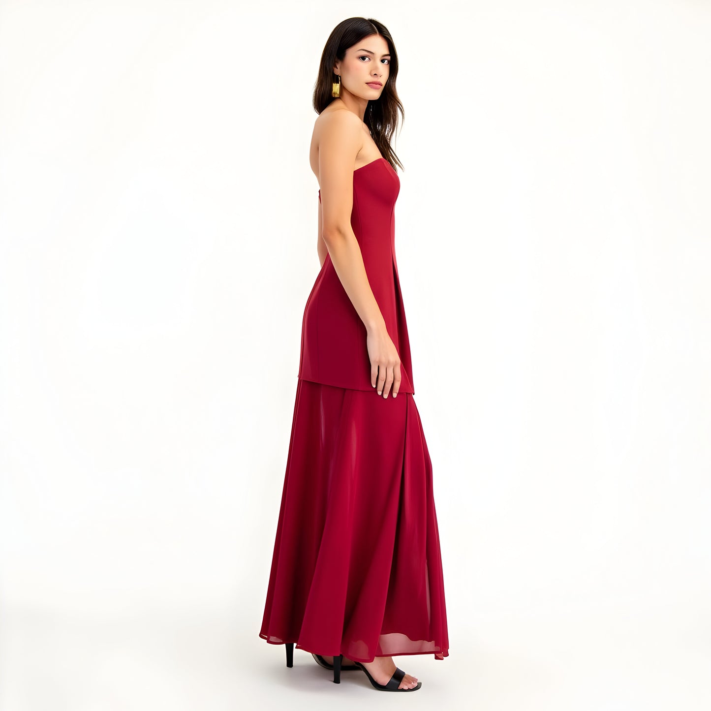 Strapless Evening Gown with Sheer Panel Skirt and Fitted Bodice