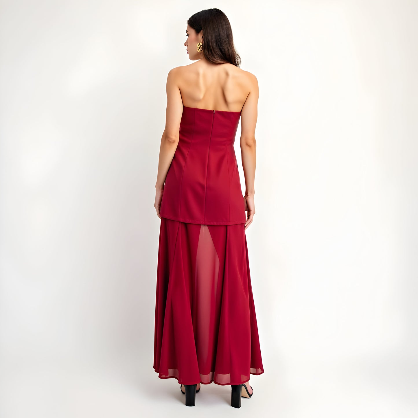 Strapless Evening Gown with Sheer Panel Skirt and Fitted Bodice
