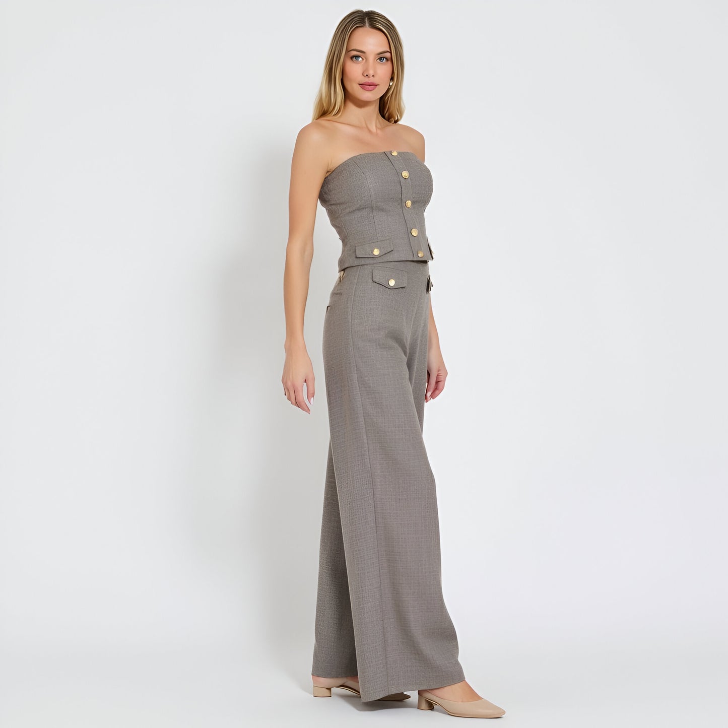Strapless Button-Front Crop Top and Wide-Leg Pants Two-Piece Set