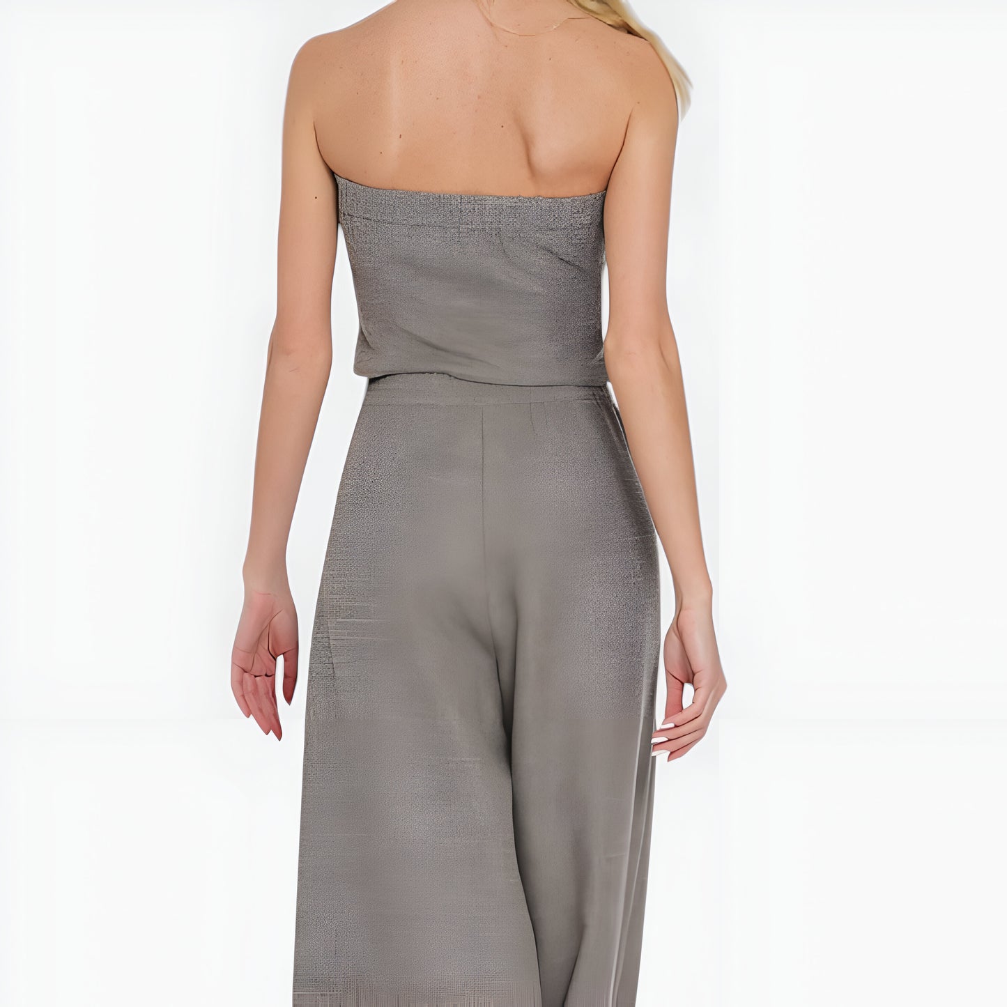 Strapless Button-Front Crop Top and Wide-Leg Pants Two-Piece Set