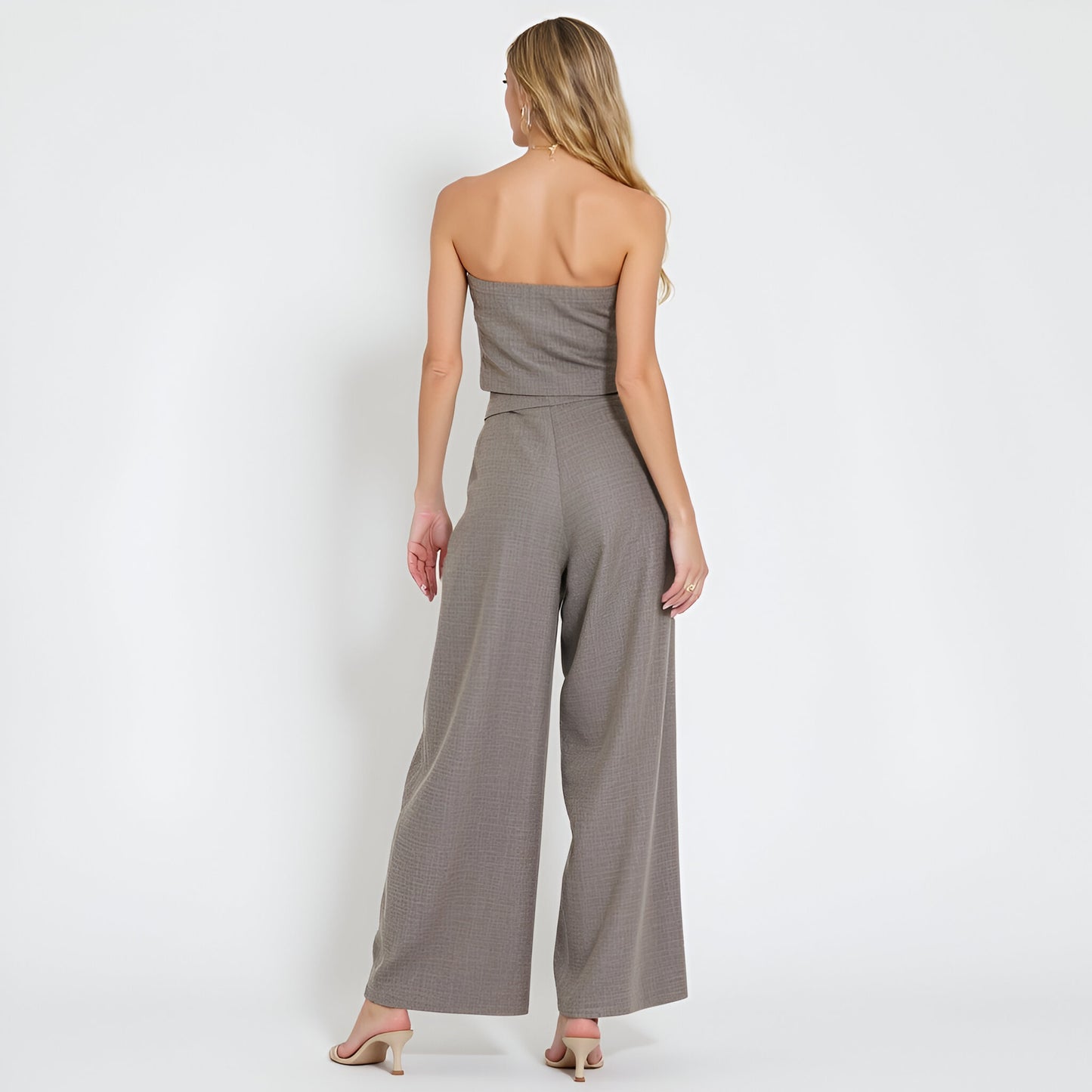Strapless Button-Front Crop Top and Wide-Leg Pants Two-Piece Set