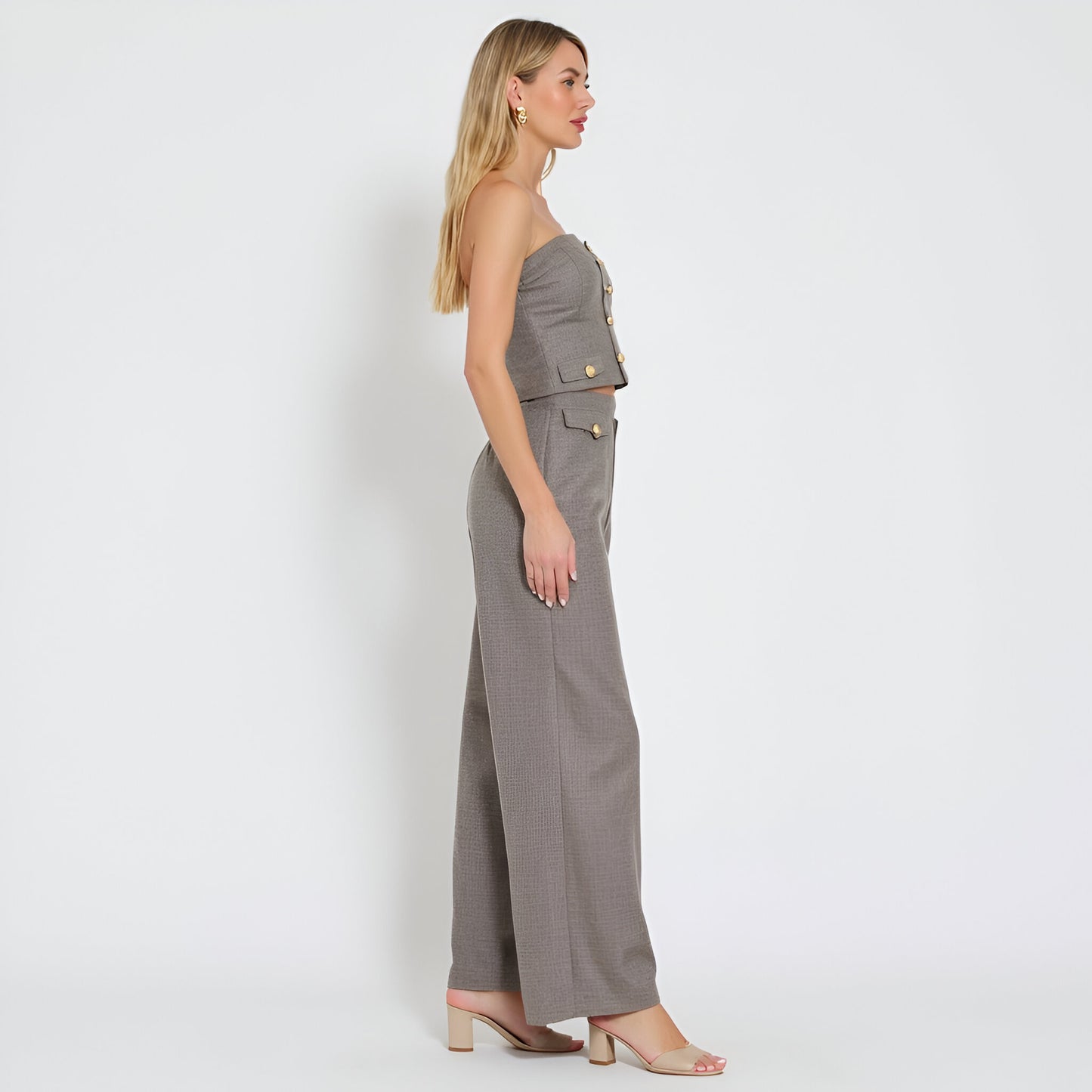 Strapless Button-Front Crop Top and Wide-Leg Pants Two-Piece Set