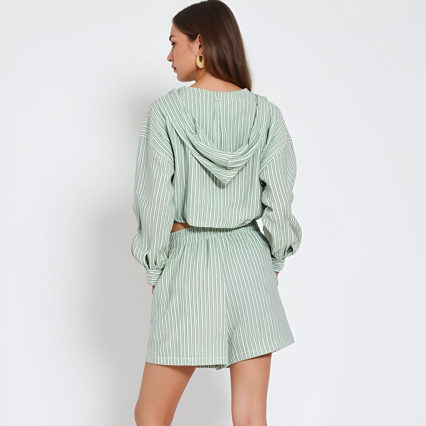 Striped Long Sleeve Hoodie Top and High Waisted Shorts Set