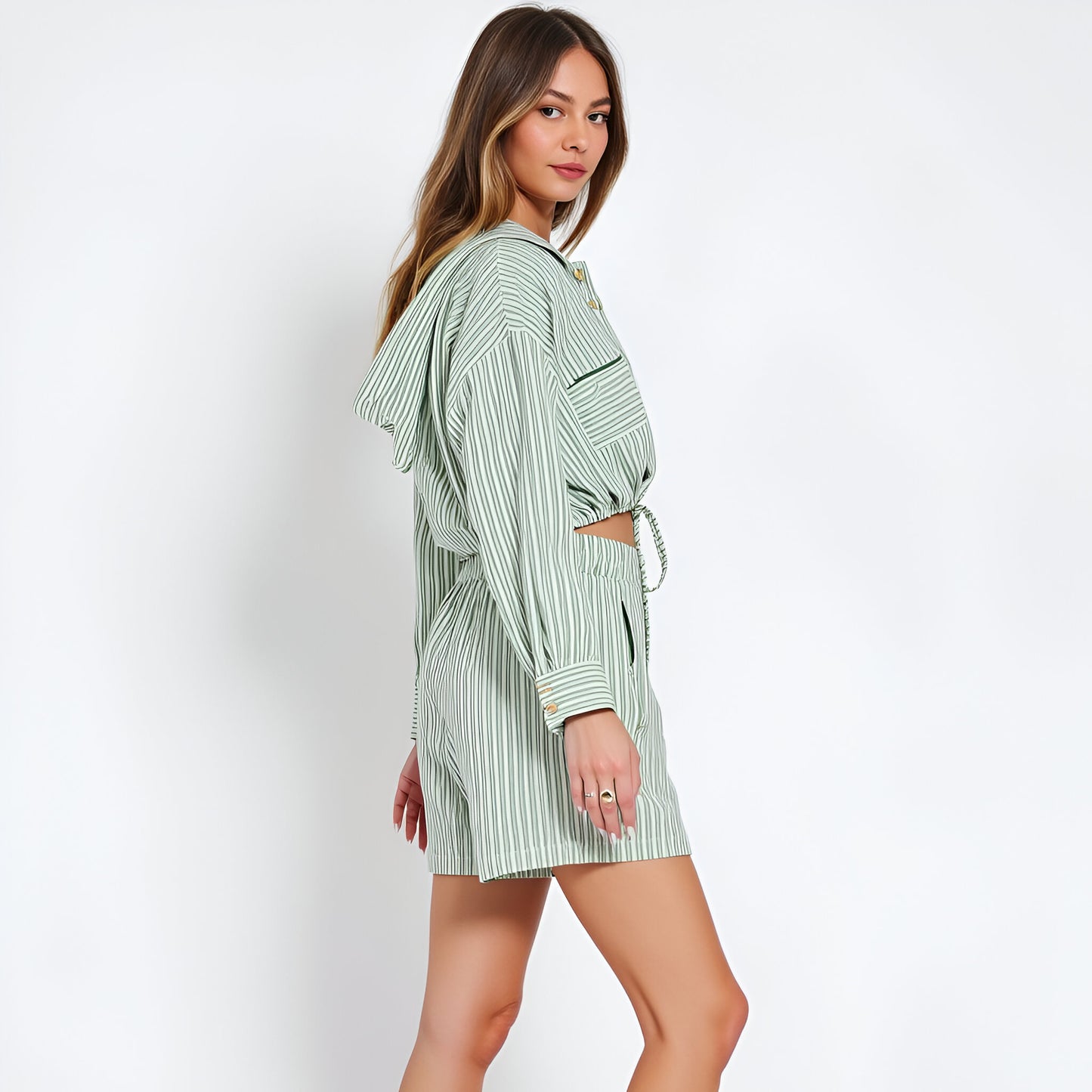 Striped Long Sleeve Hoodie Top and High Waisted Shorts Set