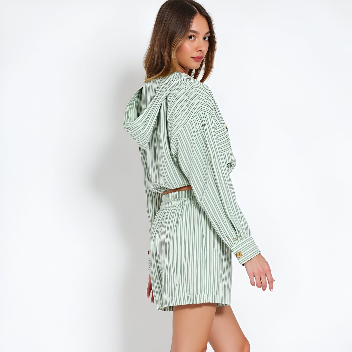 Striped Long Sleeve Hoodie Top and High Waisted Shorts Set