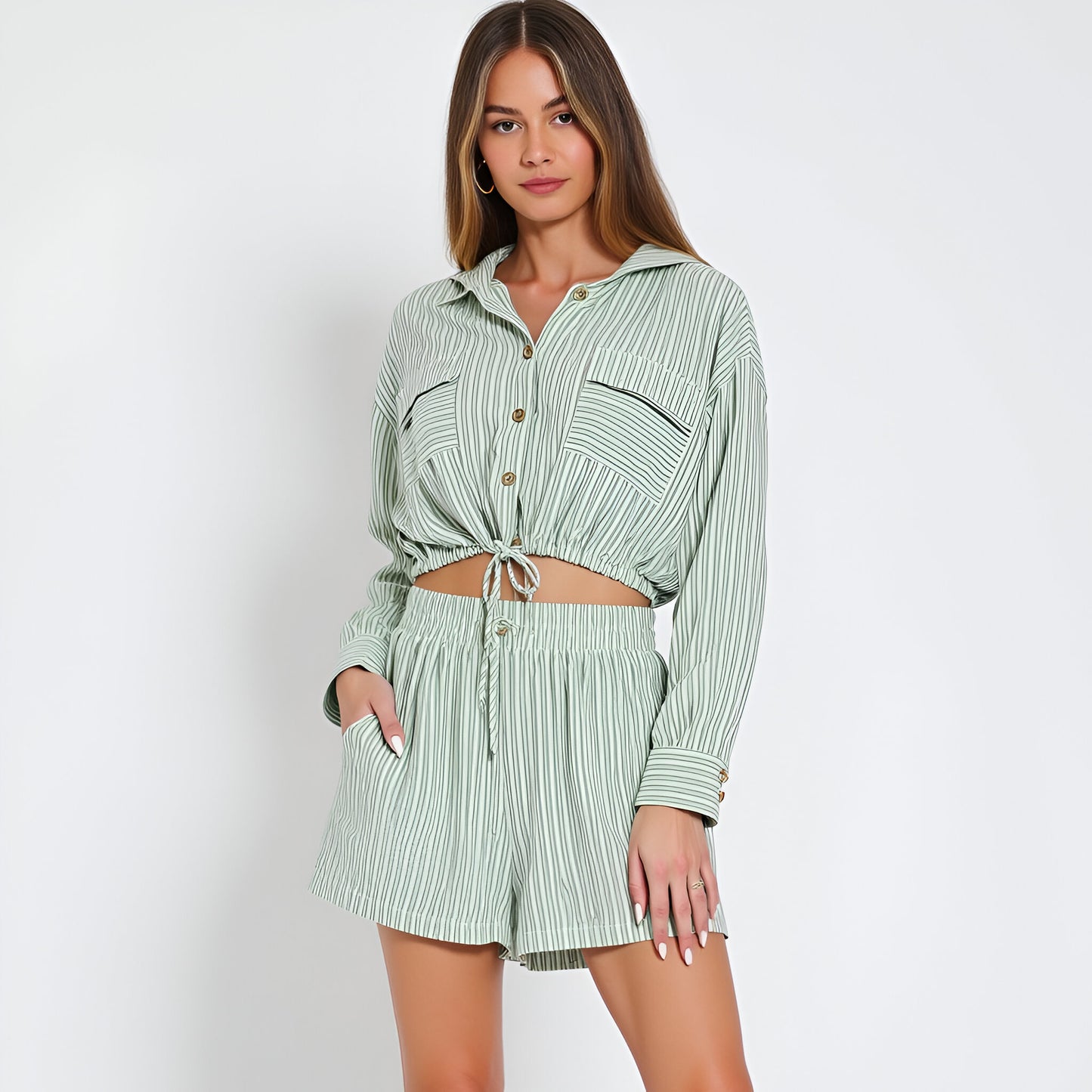 Striped Long Sleeve Hoodie Top and High Waisted Shorts Set