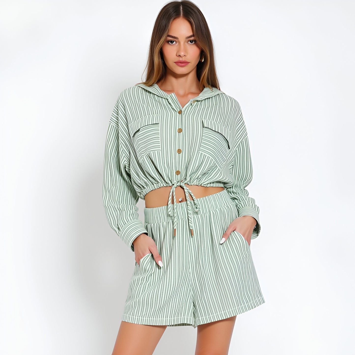 Striped Long Sleeve Hoodie Top and High Waisted Shorts Set