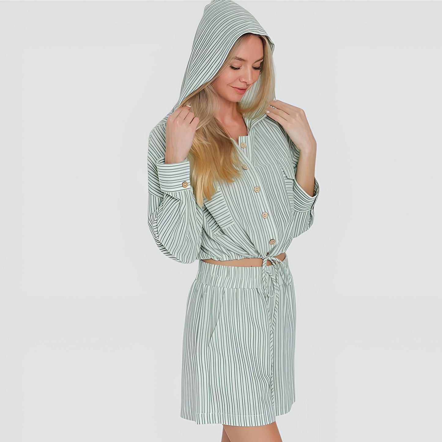 Striped Long Sleeve Hoodie Top and High Waisted Shorts Set