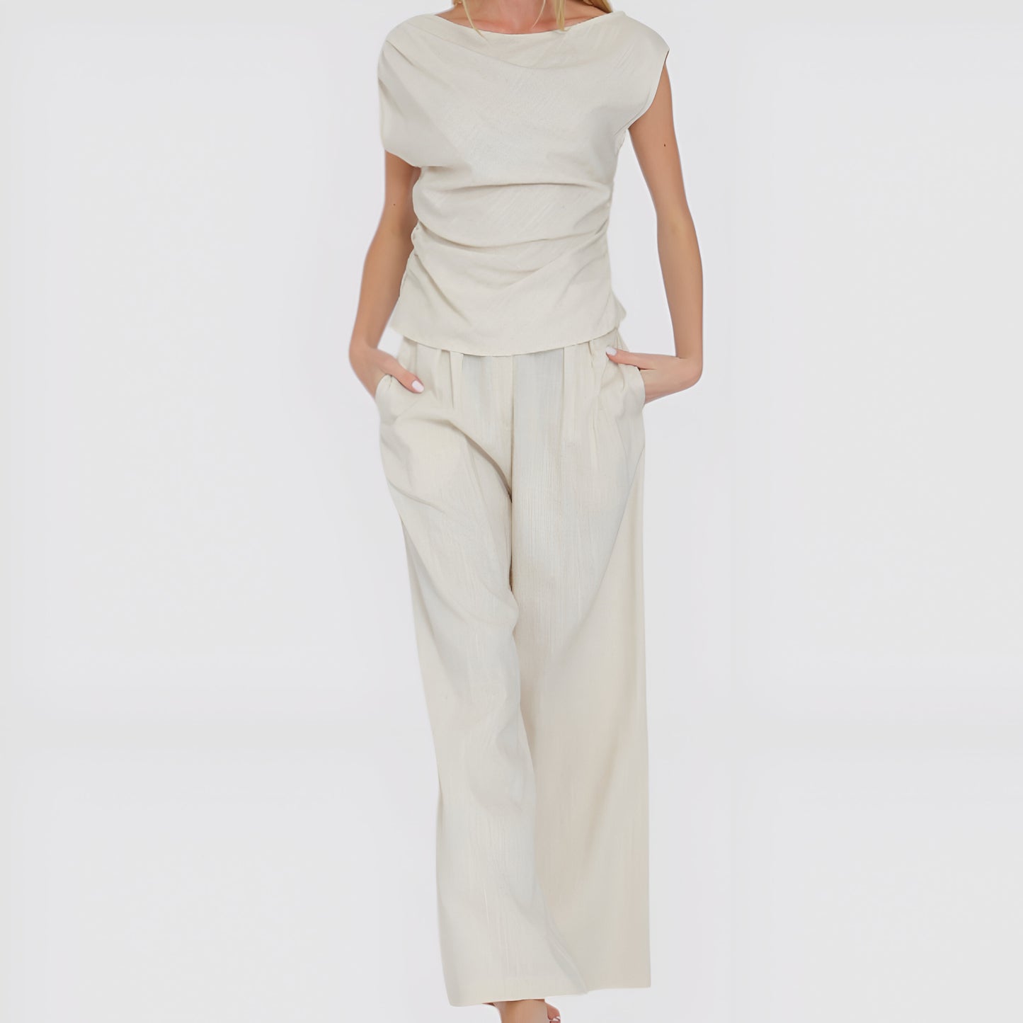 Draped Short Sleeve Top and Wide Leg Pants Lounge Set