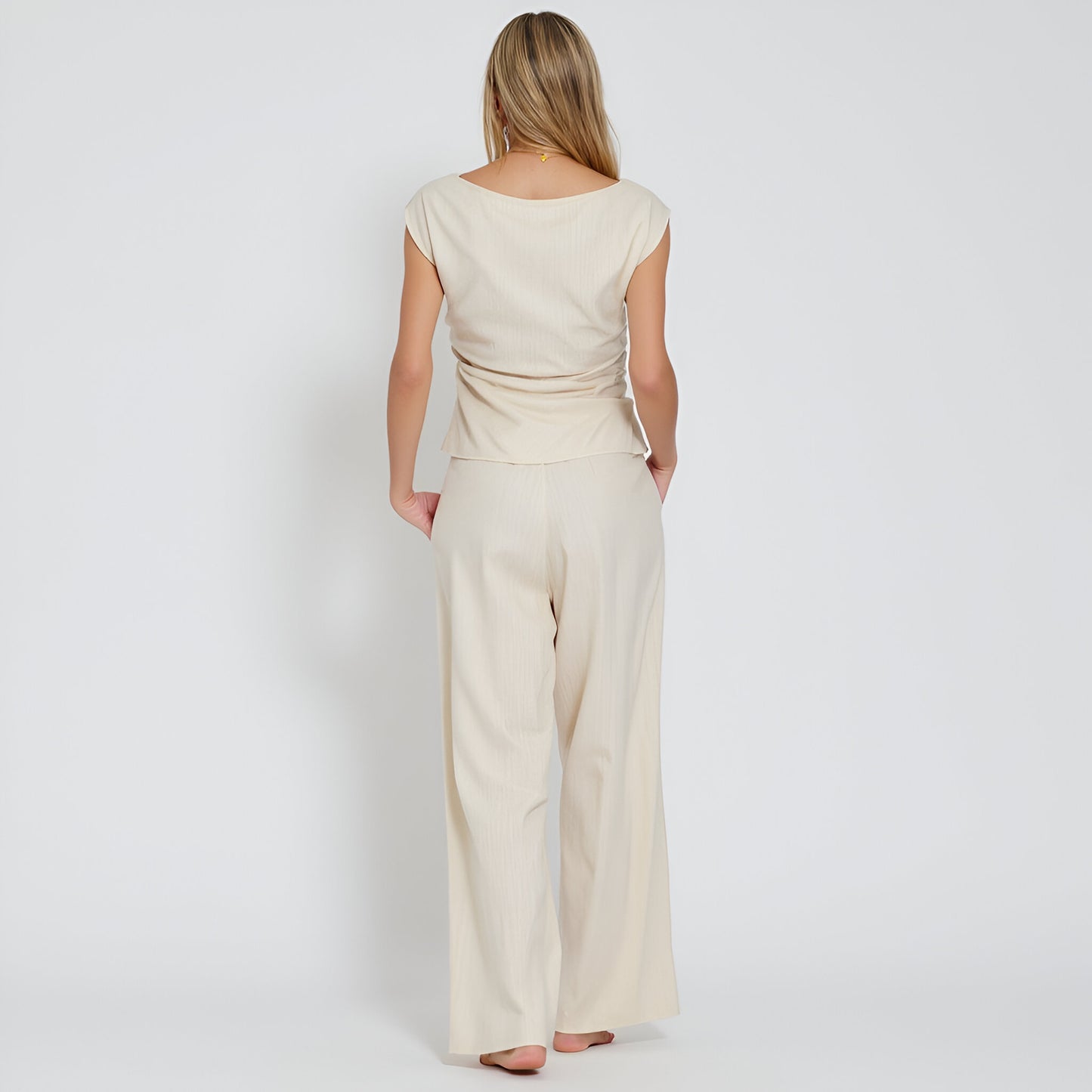 Draped Short Sleeve Top and Wide Leg Pants Lounge Set