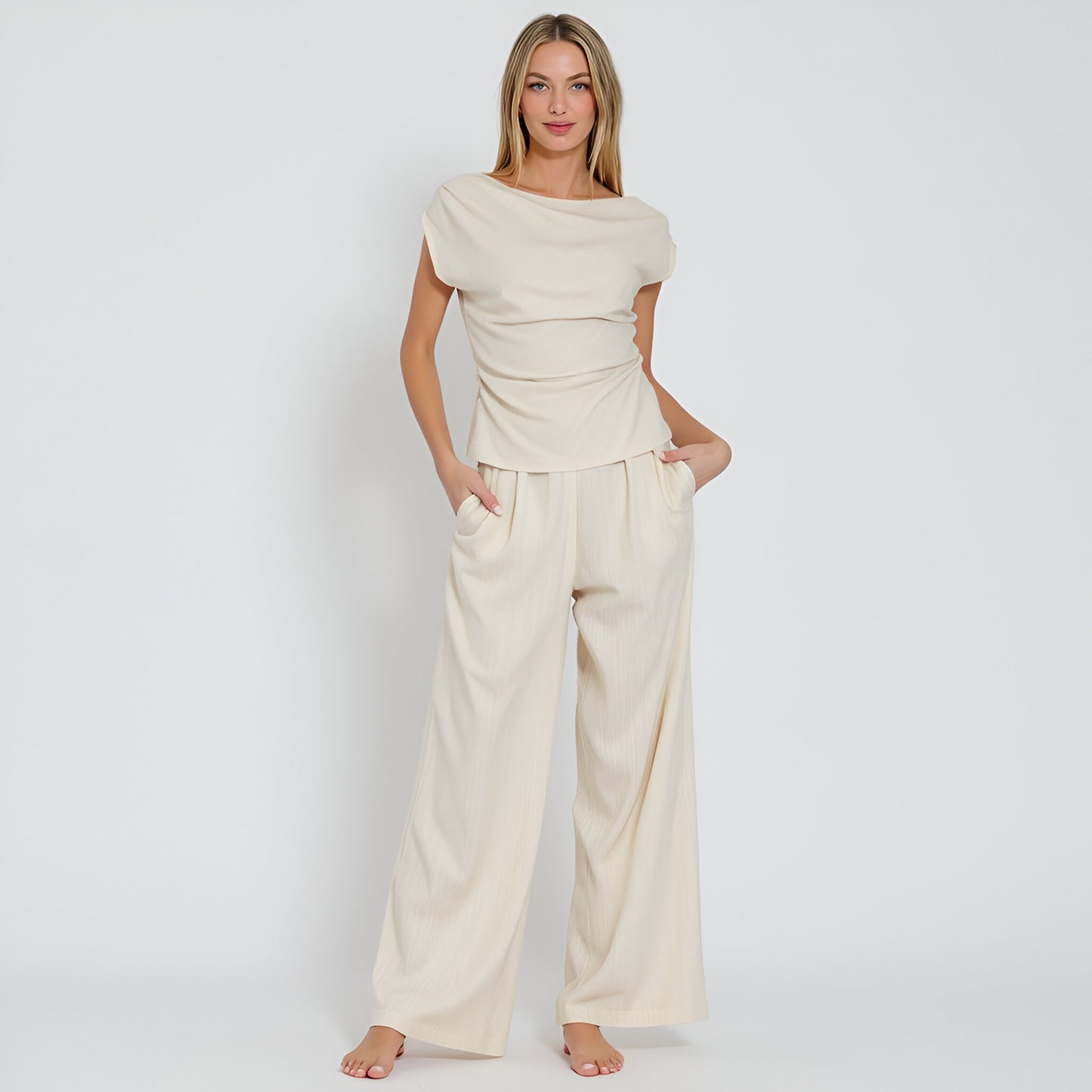 Draped Short Sleeve Top and Wide Leg Pants Lounge Set