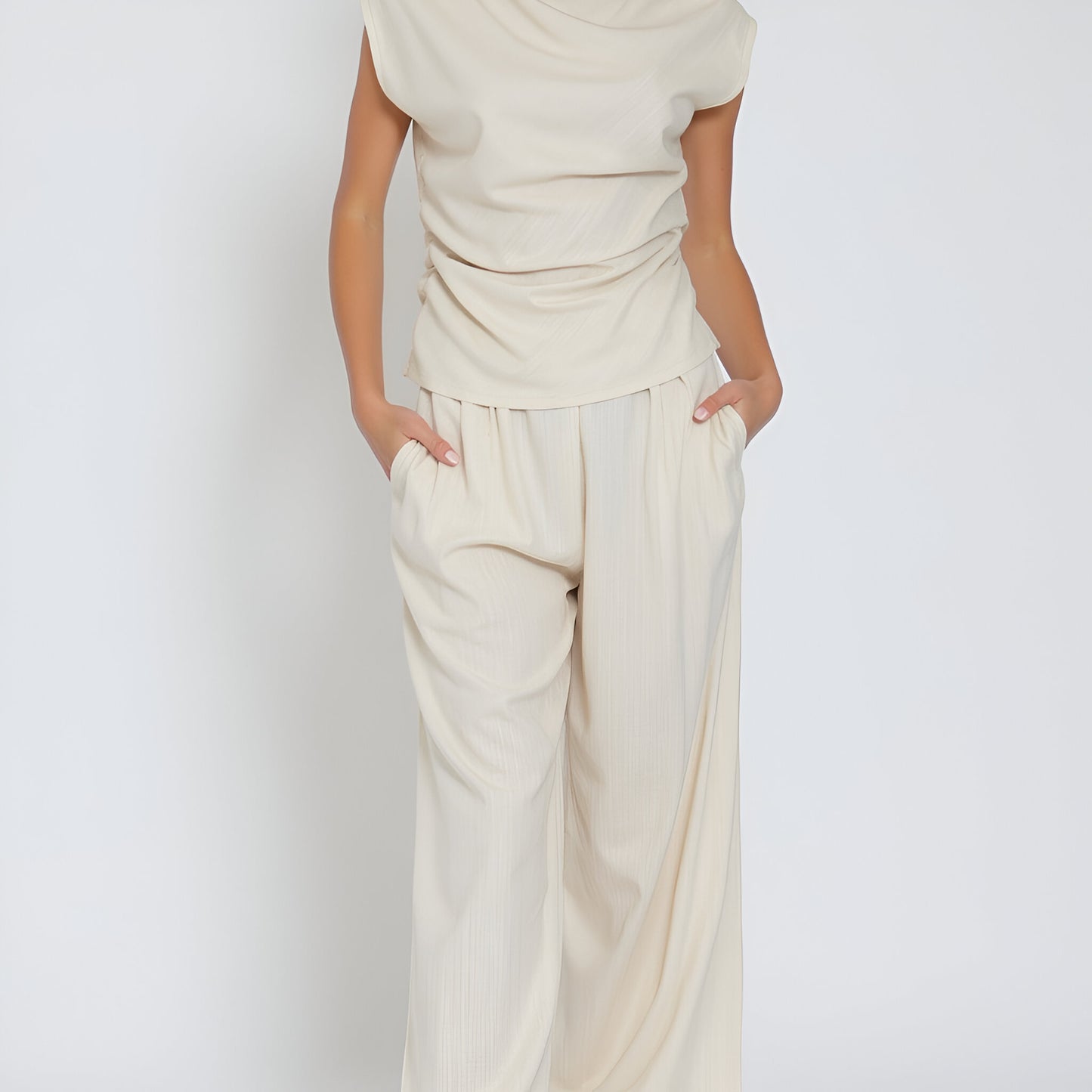 Draped Short Sleeve Top and Wide Leg Pants Lounge Set