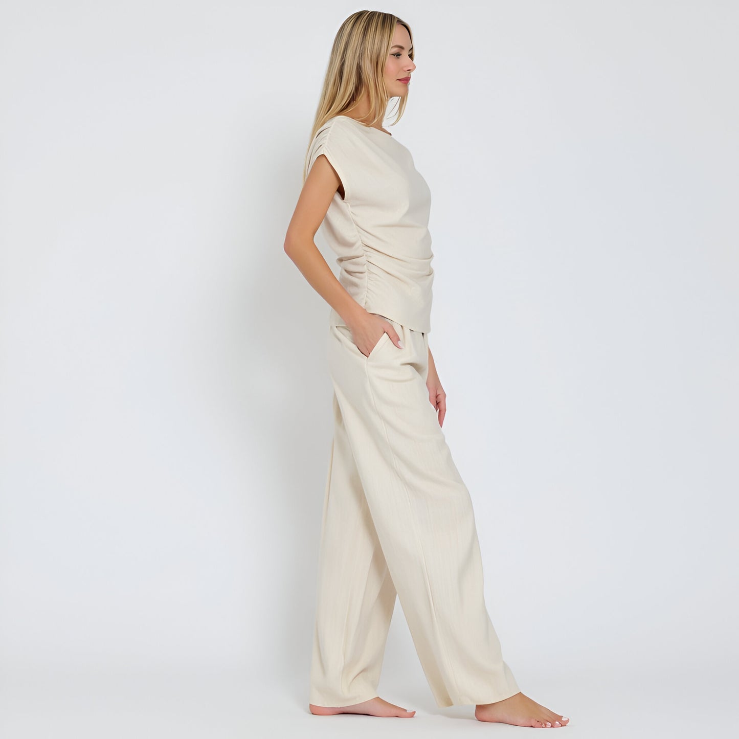 Draped Short Sleeve Top and Wide Leg Pants Lounge Set