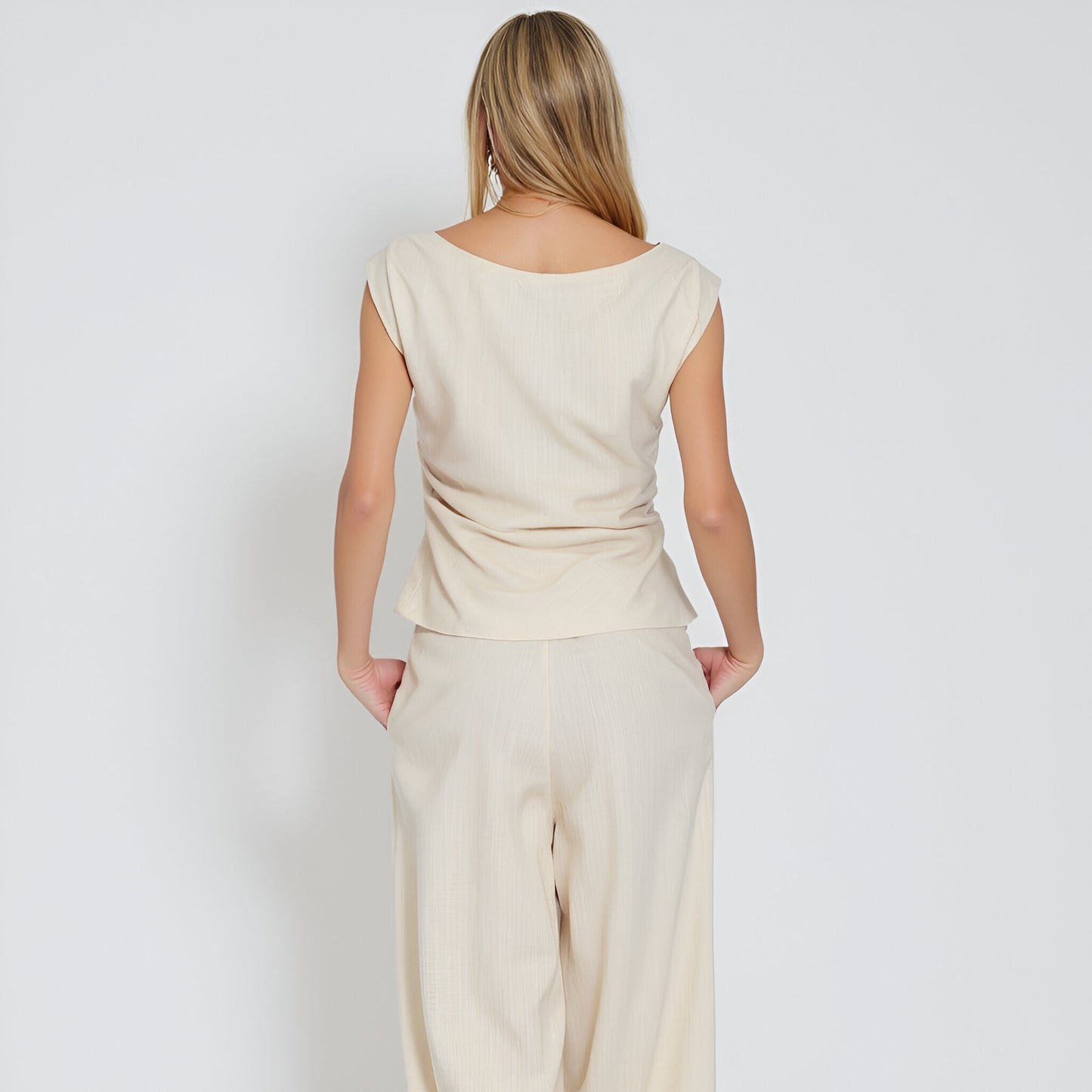 Draped Short Sleeve Top and Wide Leg Pants Lounge Set