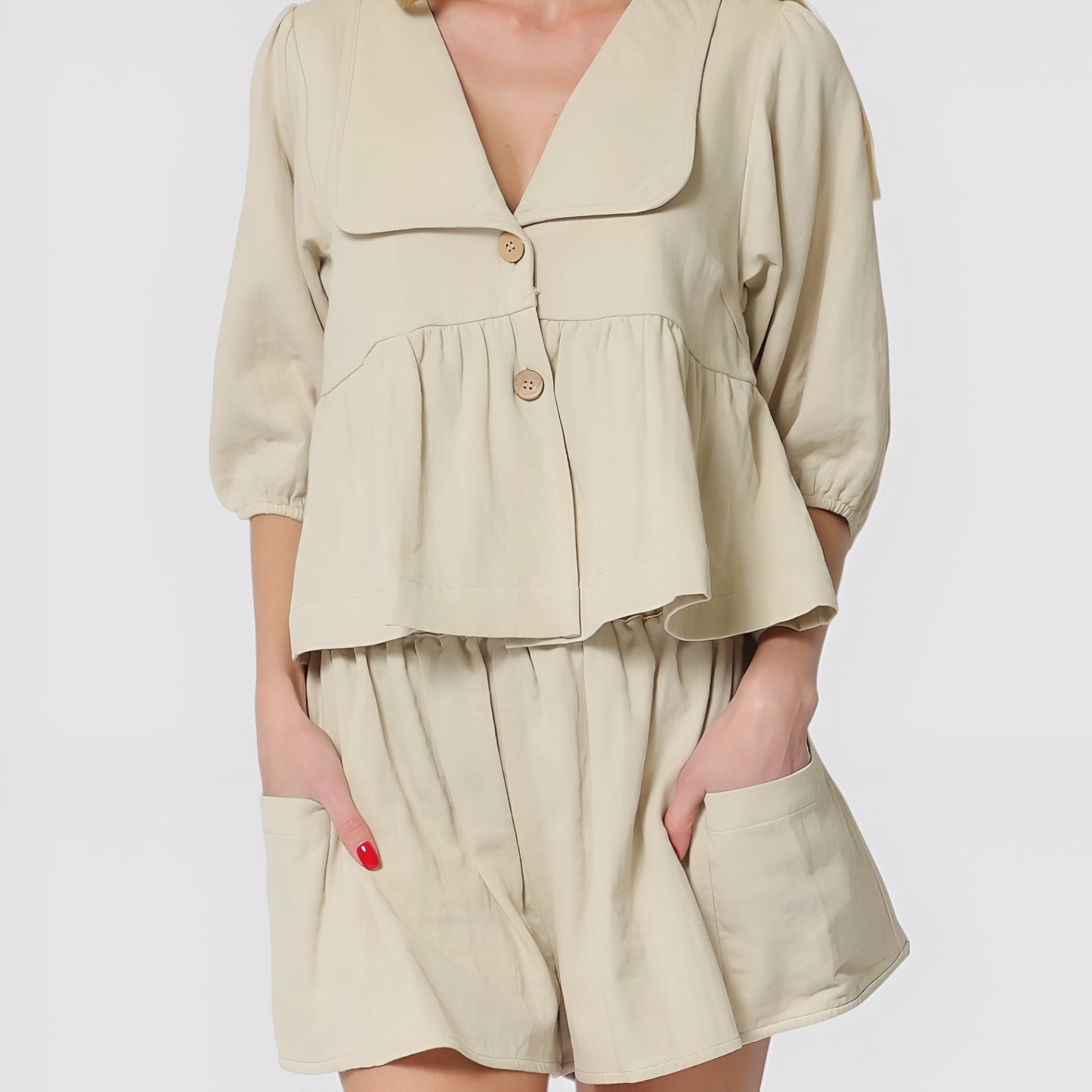 Peplum Button Front Top and High Waisted Shorts Set with Patch Pockets