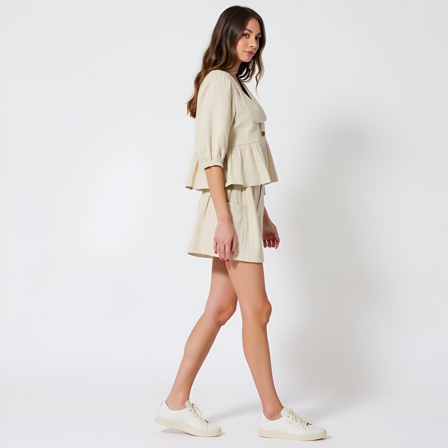 Peplum Button Front Top and High Waisted Shorts Set with Patch Pockets