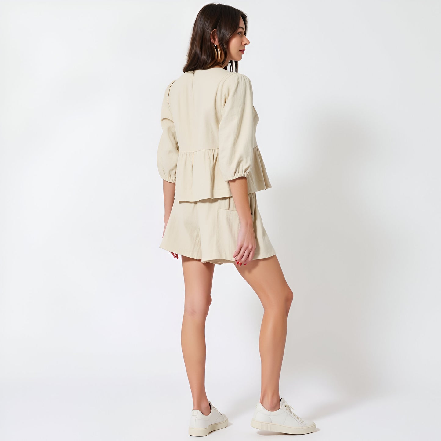 Peplum Button Front Top and High Waisted Shorts Set with Patch Pockets