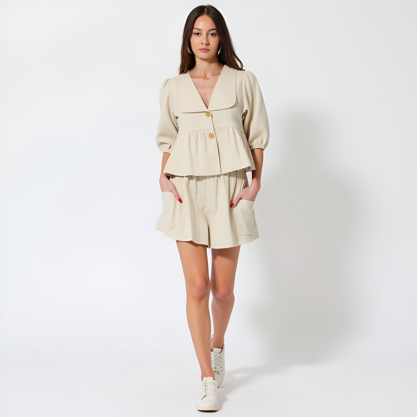 Peplum Button Front Top and High Waisted Shorts Set with Patch Pockets