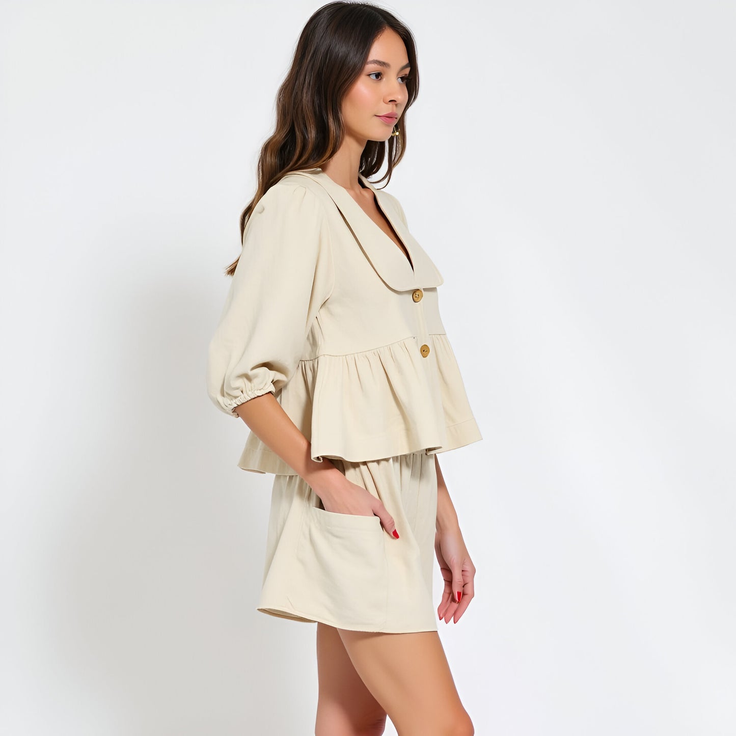 Peplum Button Front Top and High Waisted Shorts Set with Patch Pockets