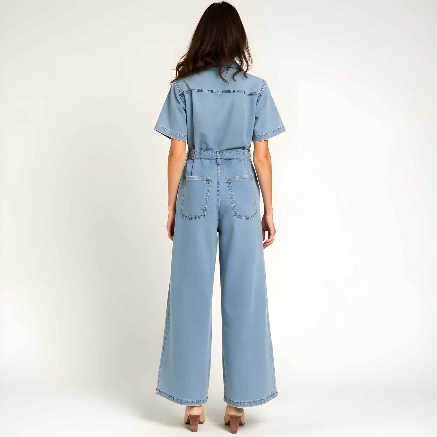 Denim Jumpsuit with Short Sleeves, Waist Tie Belt and Patch Pockets