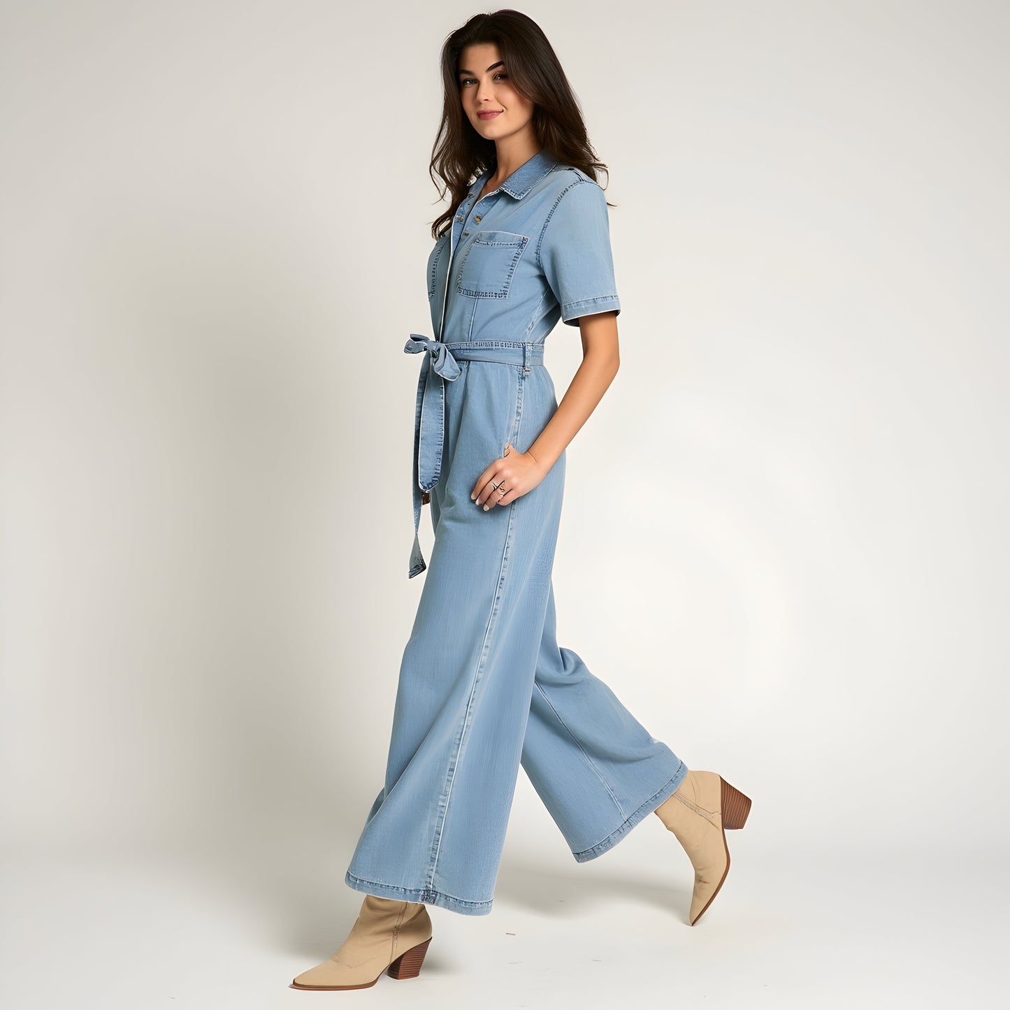 Denim Jumpsuit with Short Sleeves, Waist Tie Belt and Patch Pockets