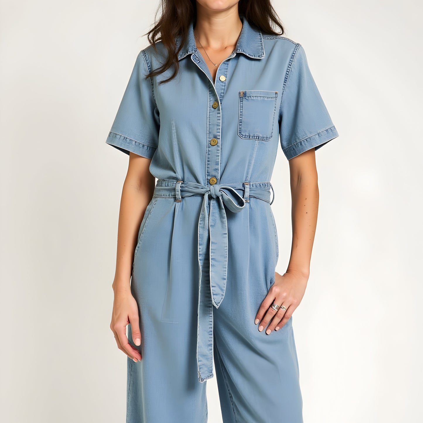 Denim Jumpsuit with Short Sleeves, Waist Tie Belt and Patch Pockets